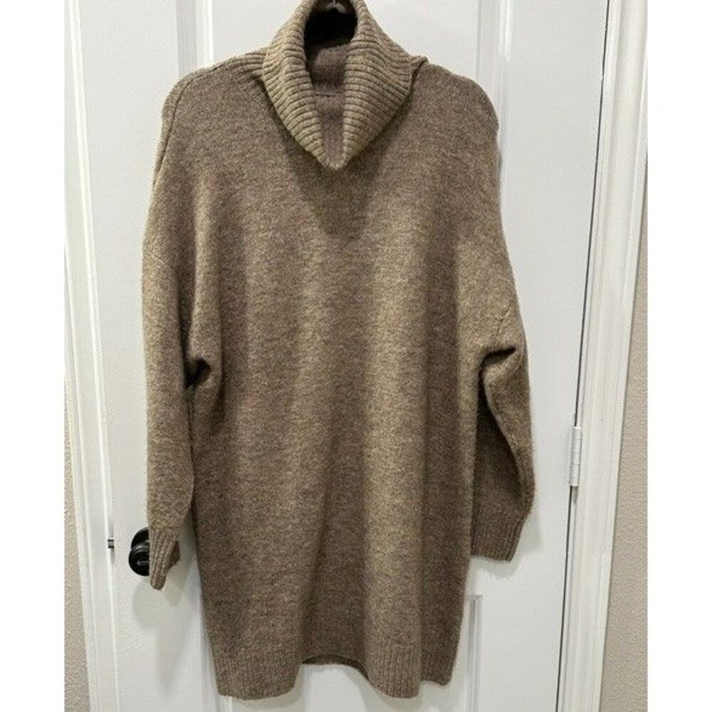 MNG Mango Wool Blend Oversized Turtleneck Sweater Tunic Women's S Taupe Cowl